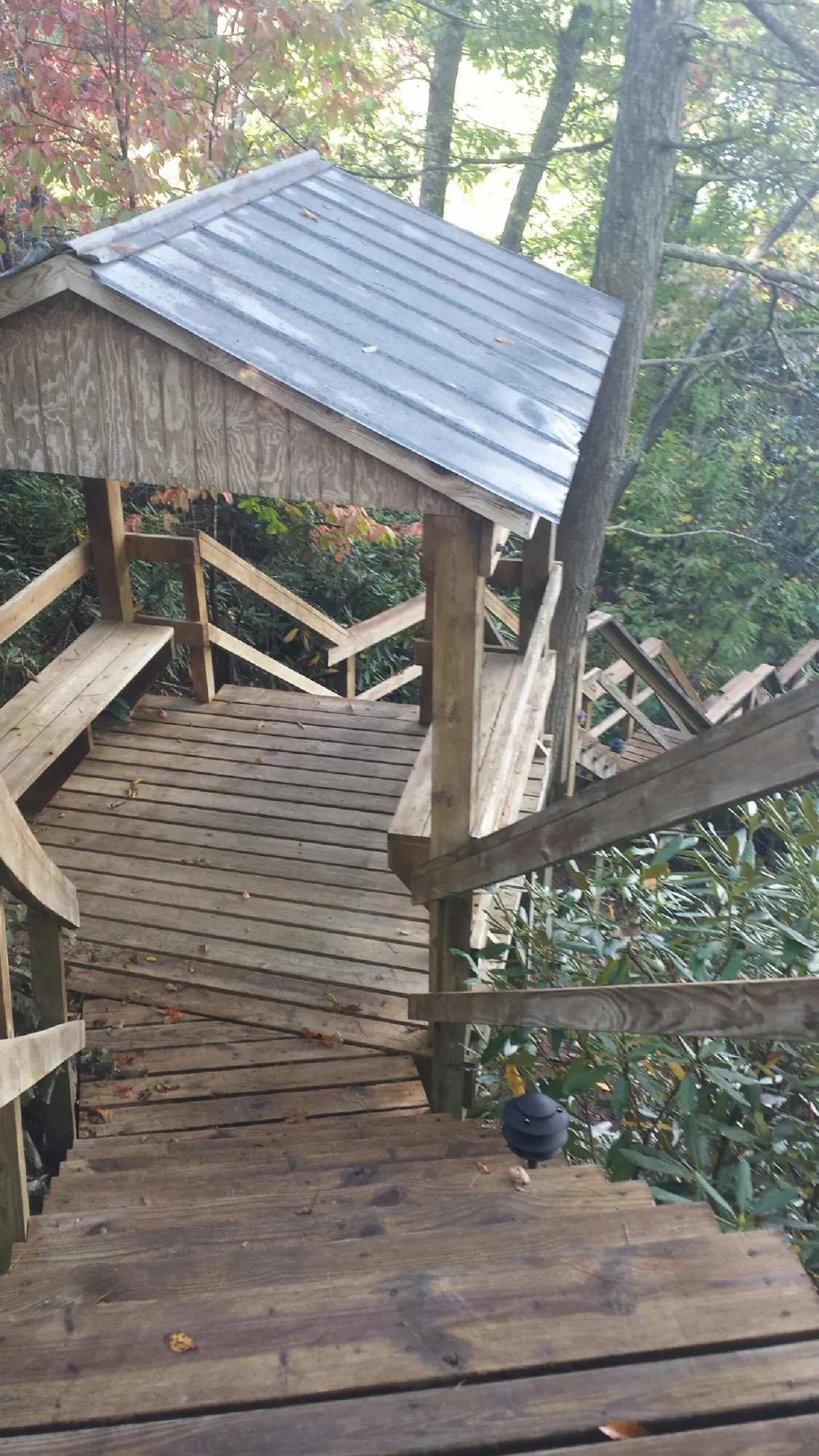 Metal roofed shelter over wooden steps on a wooded walkway — Skylight Repair & Installation work by our crew in Fairview